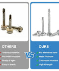 Comparison of screws: left with ordinary material vs Hardcore 170 Piece Hex Head Self Tapping Screw Assortment Kit with 410 stainless steel.