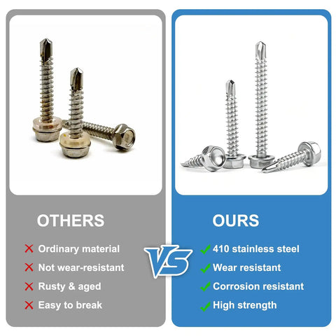 Comparison of screws: left with ordinary material vs Hardcore 170 Piece Hex Head Self Tapping Screw Assortment Kit with 410 stainless steel.