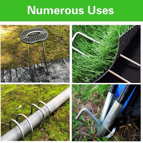 Heavy Duty 6 Inch Garden Landscape Staples U Shaped 11 Gauge Galvanized Pins with 50 Staples and 50 Gasket Washers in use