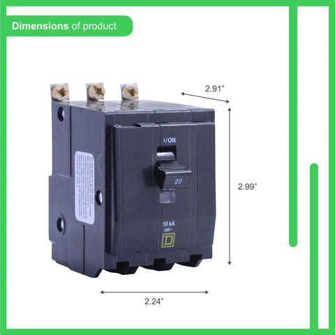 QO320CP 20 Amp Three-Pole Circuit Breaker With Plug-On Design dimensions labeled 2.24x2.91x2.99 inches
