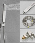 Shower System Brushed Nickel Rainfall Set with handle, hose, and valve body for wall mounted installation, detail view
