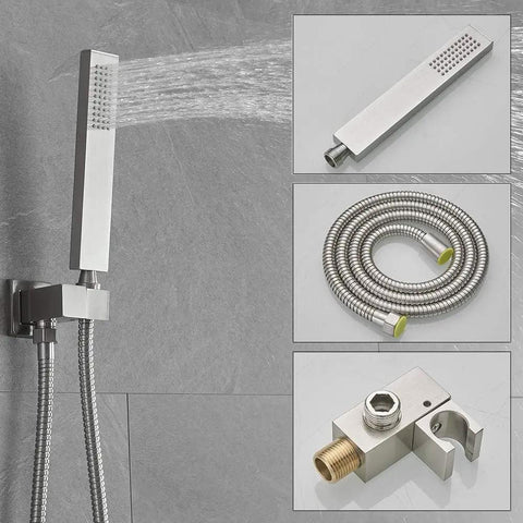 10 Inch Ceiling Mounted Shower System With Rain Mixer And Rainfall Head Brushed Nickel Finish All Metal Construction Solid Brass Mixing Valve High Pressure Performance Rough In Valve Body Trim Kit Included Easy Install showing handheld showerhead, hose, and valve components