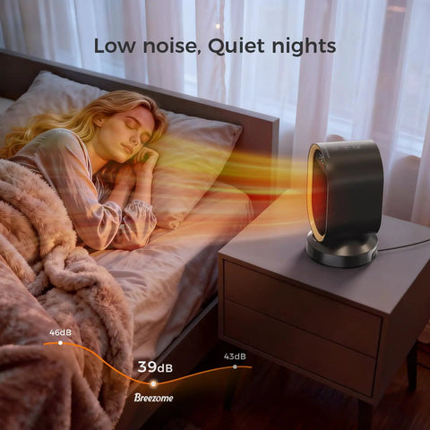 Indoor Space Heater 1500W Ceramic PTC With Thermostat And 24Hour Timer on a nightstand next to sleeping person