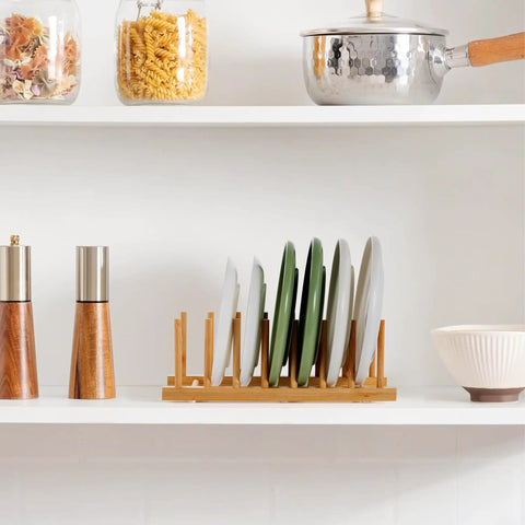 2 Pack Premium Bamboo Dish Rack And Plate Holder With 7 Slots To Level Up Your Kitchen Game displaying neatly arranged dishes.