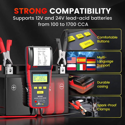 BST500 Car Battery Tester With Printer For 12V And 24V Rigs, Auto Battery Load Tester And Cranking Charging System Analyzer, Printed Diagnostic Reports For Cars, Trucks, SUVs, Motorcycles, RVs And More. handheld battery tester with printer, clamps