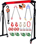Adjustable Gantry Crane 1 Ton Portable Hoist Frame For Shop Warehouse And Garage Heavy Duty Lifting Gantry With Trolley Sling Shackles Hooks And Festoon System 3300 Lbs Tested For Auto Repair And Construction with visible accessories and load capacity markings.