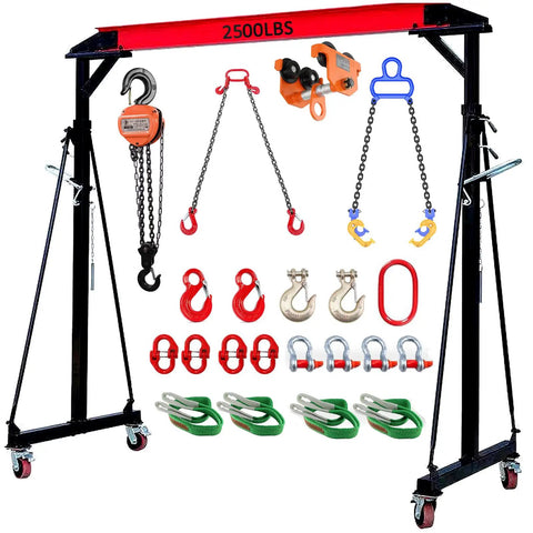 Adjustable Gantry Crane 1 Ton Portable Hoist Frame For Shop Warehouse And Garage Heavy Duty Lifting Gantry With Trolley Sling Shackles Hooks And Festoon System 3300 Lbs Tested For Auto Repair And Construction with visible accessories and load capacity markings.