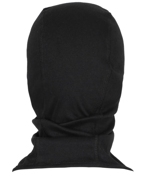 Back view of black Flame Resistant Balaclava Hood For Welding 7oz Cotton FR Face Mask Arc Rated NFPA 2112 CAT2
