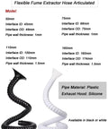 Heavy Duty Industrial Fume Extractor Arm With A Two To Three Inch Heat Resistant Flexible Dust Hose and a fully swiveling ventilation hood in black and white.