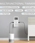 Dual Outlet 7 Day Programmable Digital Timer with 20 On Off Programs UL Listed shown plugged in, controlling fan indoors.