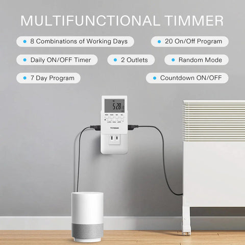 Dual Outlet 7 Day Programmable Digital Timer with 20 On Off Programs UL Listed shown plugged in, controlling fan indoors.