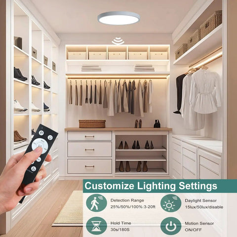 12 Inch Motion Sensor LED Ceiling Light With Remote Wired Modern Flush Mount Fixture For Hallways Closets Stairs And Laundry Auto On Off Sensor 360 Degree Detection White installed in closet
