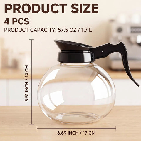 Pro Level Thermal Resistant Glass Coffee Pots 4 Pack 10 Cup 57 Oz Replacement Carafes For Commercial Brewers With Slick Black Handles, showing size and capacity.