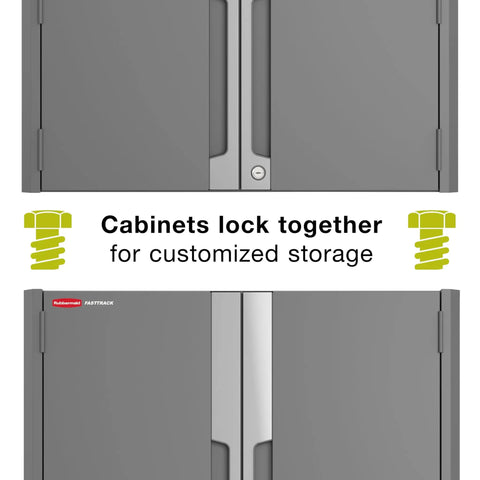 Heavy Duty Steel Garage Storage Cabinet System With Customizable Modular Two Door Design Locks Together For Easy Home Organization 150 Pound Capacity Built In Side Channels Lifetime Warranty, front view