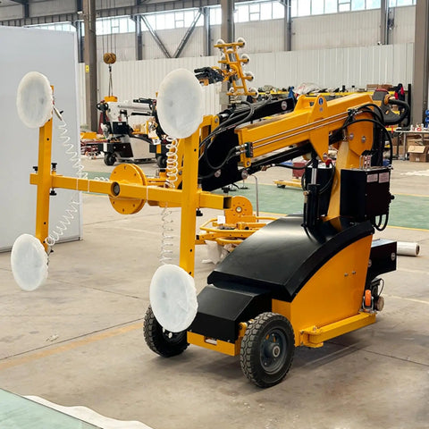 Heavy Duty Electric Suction Cup Lifter Moves Sheet Glass Without The Sweat For Easy Load Out During Commercial Curtain Wall Installations And Job Site Projects in a warehouse setup.