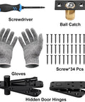 Components of a hidden door hinge kit with screwdriver, gloves, screws, ball catch, and hinges for concealed bookcase doors.