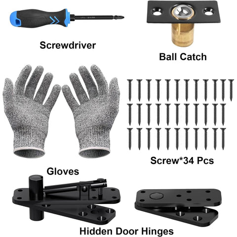 Components of a hidden door hinge kit with screwdriver, gloves, screws, ball catch, and hinges for concealed bookcase doors.