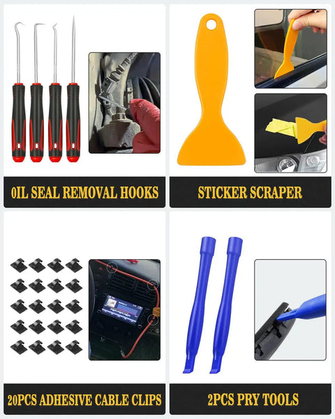 Straight Up 120 Piece Auto Trim Removal Tool Kit For Car Door Panels Dashboards Radios And Emblems With Hella Tough Nylon Pry Bars And Clean Storage Bag For Full Size Furniture Restoration, featuring oil seal removal hooks, sticker scraper, and adhesive cable clips.