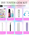 Diy Tooth Jewelry Kit With 770 Crystals And 12 Shapes Bedazzle Gems Teeth Jewelry Starter Set displayed with tools and instructions.