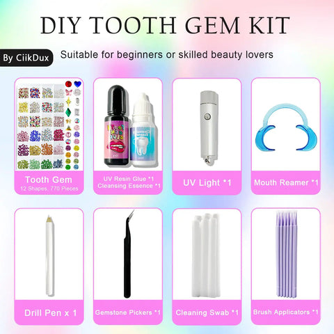 Diy Tooth Jewelry Kit With 770 Crystals And 12 Shapes Bedazzle Gems Teeth Jewelry Starter Set displayed with tools and instructions.