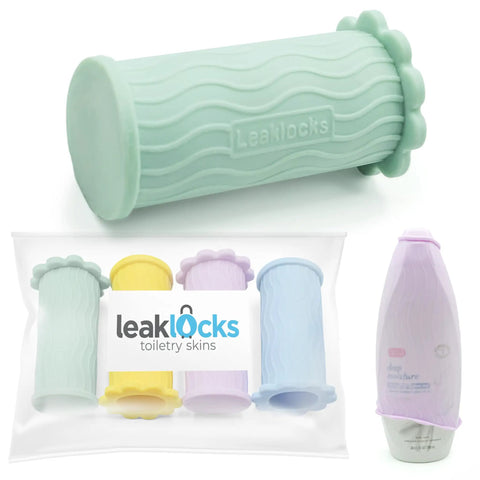 Elastic Toiletry Sleeve Set Keeps Liquids From Leaking In Luggage, Leak Proof Travel Bottle Covers display with pastel sleeves