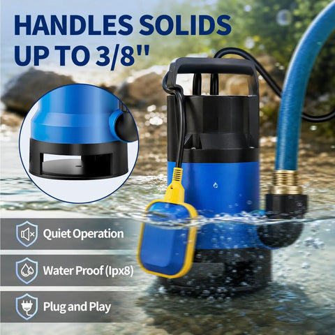 1.1Hp Submersible Sump Pump Handles Crunch Time With Ease Pushing 4600 GPH Through IPX8 Waterproof Gear with float switch.