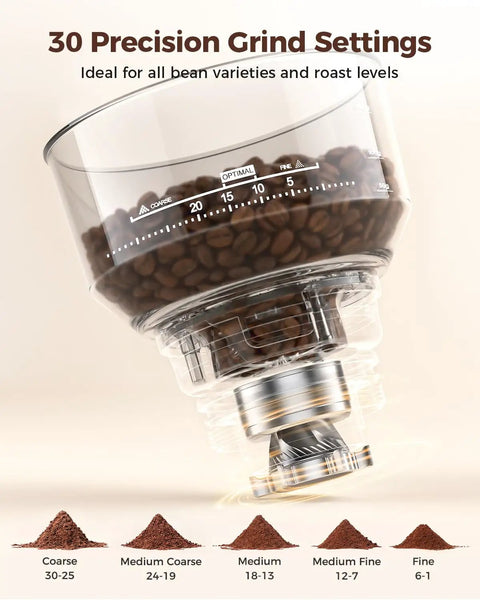 Smooth Operator Automatic Espresso Machine With Integrated Grind Distribute And Tamp Design Built In Calibrated Tamper Delivers A Perfect Puck Every Shot Skip The Hassle Brew Like A Pro Barista At Home showing 30 precision grind settings.