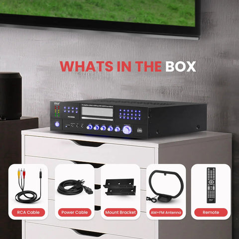 Four Channel 1000W Bluetooth Power Amplifier With Built In CD DVD Player FM Radio USB A Headphone Jack And Echo Effects, Karaoke Ready Home Theater Receiver With Rack Mount, accessories included