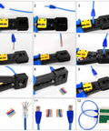 All In One RJ45 Crimp Tool Kit With Pass Through Cat5e And Cat6 Connectors, wire cutting and crimping steps, network cable tester