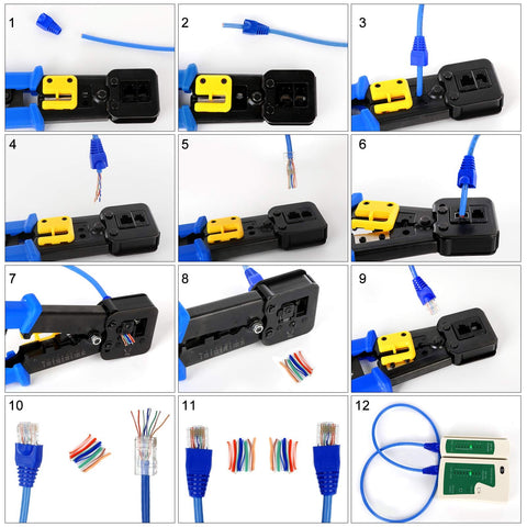 All In One RJ45 Crimp Tool Kit With Pass Through Cat5e And Cat6 Connectors, wire cutting and crimping steps, network cable tester