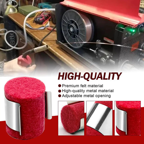 Welding Wire Cleaner Pads Red Felt Lubricator Pads For Wire Feeders 12 Pack shown in use with wire feeder machine