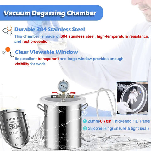 Premium 304 Stainless Steel Vacuum Chamber Degassing Tank for Epoxies and Wood Stabilization with clear window and silicone seal.
