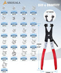360 Pieces 5 To 25 Millimeter Spring Band Hose Clamps Assortment Kit With Swivel Flat Hose Clamp Plier, size chart and tool display