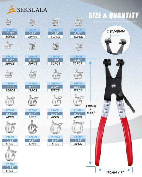 360 Pieces 5 To 25 Millimeter Spring Band Hose Clamps Assortment Kit With Swivel Flat Hose Clamp Plier, size chart and tool display