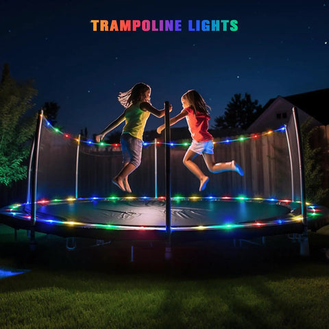 Outdoor 200 LED Solar Rope Lights, 66ft IP65 Waterproof Trampoline and Garden Decor illuminating trampoline at night