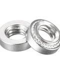 Built Different Stainless Steel Self Clinching Rivet Nuts With Smooth Round Head For Fast Thin Sheet Metal Assembly 10 32 Thread Pattern Zero Point One Four Inch Length Heavy Duty 50 Piece Fastener Set That Goes Hard On Any Rig, showing two metal nuts.