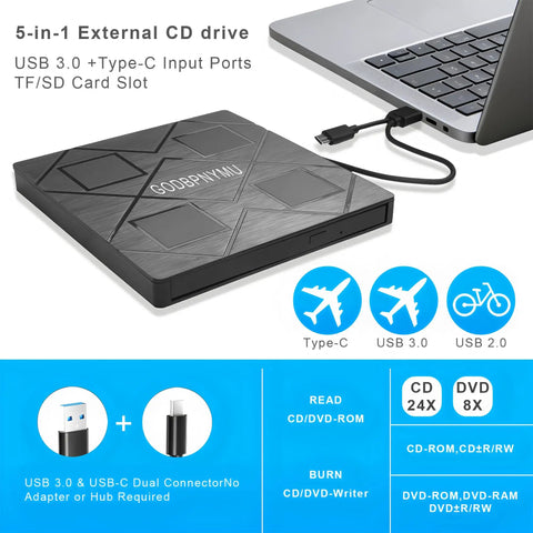 5 In 1 External CD DVD Drive For Laptop With USB 3 Type C No Fuss Plug And Play Portable CD DVD RW Burner Plus SD And TF Card Reader DVD ROM Rewriter Compatible With Windows Mac Linux, black
