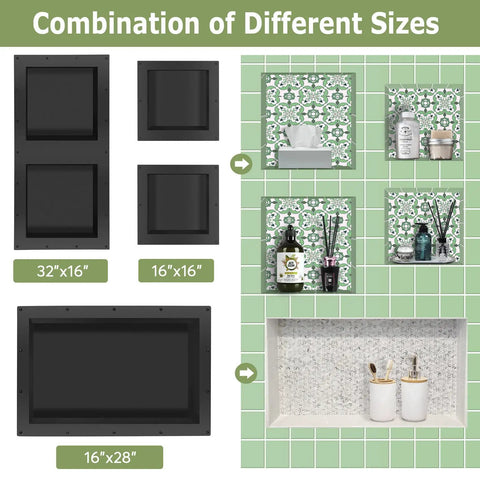 Square Shower Niche Recessed Wall Box 16 By 16 Inches With Single Shelf Tile Ready For Bathroom Storage Inside 12 By 12 Inches Perfect For Shower Organization, shown among different sizes and finished installations in a tiled wall.