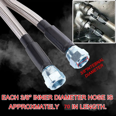 70 Inch 6AN Stainless Braided Transmission Cooler Hose Kit With AN6 Fittings for GM Chevy Ford, showing close-up of hose and fittings.