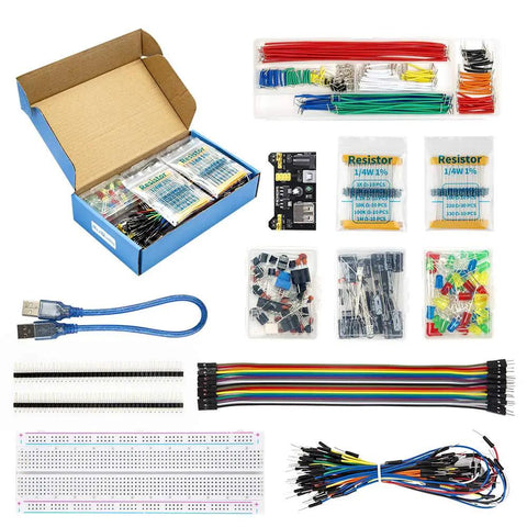 Maker Favorite Electronics Component Fun Kit With Power Supply Module And 830 Tie Point Breadboard For Arduino Raspberry Pi STM32 Projects Includes Jumper Wires Precision Potentiometer Resistors ICs And Over 400 Components shown open and displayed
