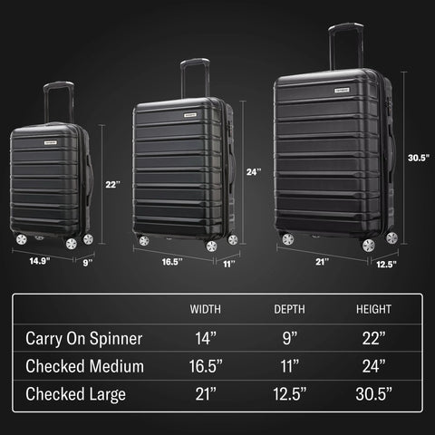 Samsonite Omni 2 hardside luggage with spinner wheels; three suitcases shown in a size lineup.