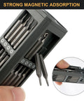 Close-up of a 46-In-1 Mini Precision Screwdriver Set With Full Bit Kit For Electronics Repair showcasing magnetic bits in metal case.