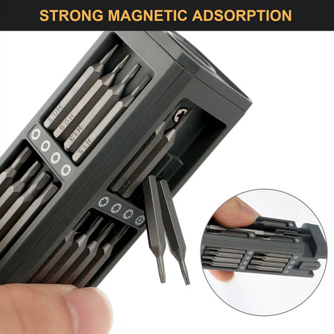Close-up of a 46-In-1 Mini Precision Screwdriver Set With Full Bit Kit For Electronics Repair showcasing magnetic bits in metal case.