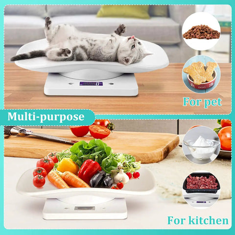 Portable Mini Pet Scale With Tray 22 Lb Capacity LCD Digital Weighing Scale All In One For Small Animals And Kitchen Use Accurate Weighing For Puppies Kittens Hamsters Turtles Reptiles And Whelping For Quick Weigh Ins with kitten and vegetables.