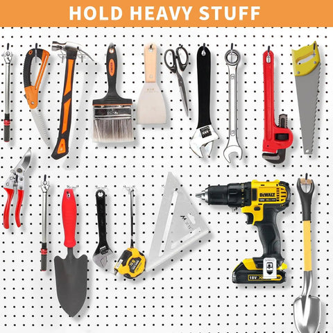 Heavy Duty Pro Grade Metal Pegboard Hooks 25 Pack, 4 Inch Peg Board Hangers holding tools against pegboard.