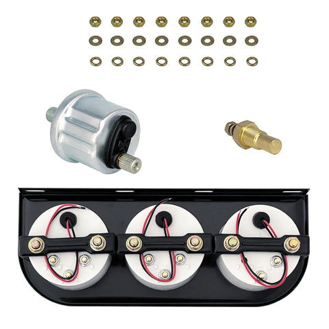 Three 52mm automotive gauges in a black console: voltmeter, water temperature, oil pressure; includes brass fittings and mounting hardware.
