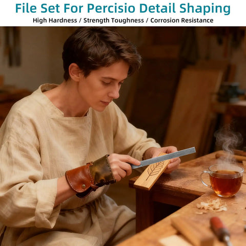 Person using file from 5 Piece Metal Needle File Set With Hardened Alloy Steel Construction for precision work on wood