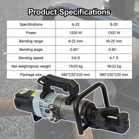 Heavy Duty Electric Hydraulic Rebar Bender And Straightener For 8-25mm Steel Rods showing dimensions and specifications.