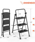 2 Step Folding Ladder for Home and Shop, Lightweight Steel Construction with Hand Rail and Non Slip Wide Pedals, dimensions illustrated