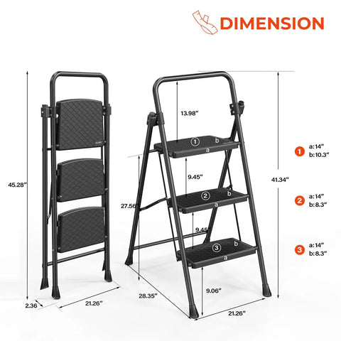 2 Step Folding Ladder for Home and Shop, Lightweight Steel Construction with Hand Rail and Non Slip Wide Pedals, dimensions illustrated